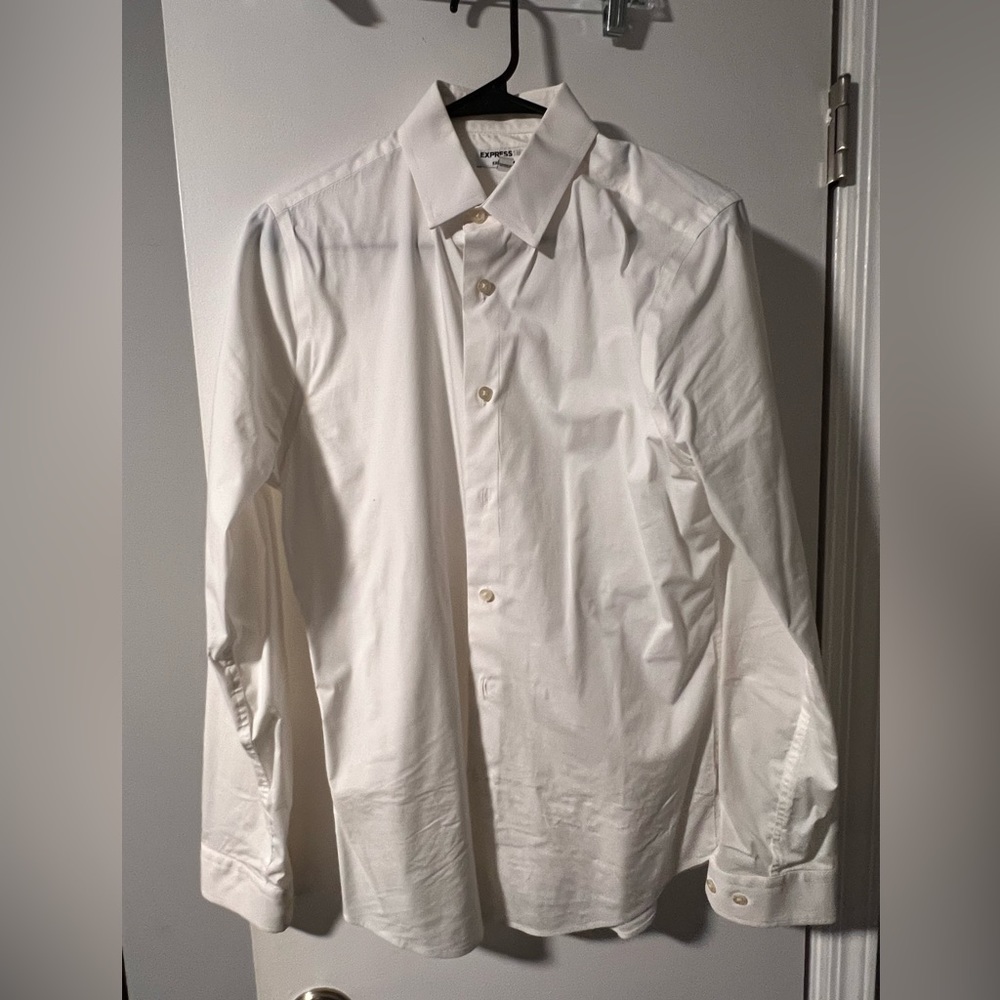 white EXPRESS button down dress shirt 14.5 neck; 32/33. extra slim small